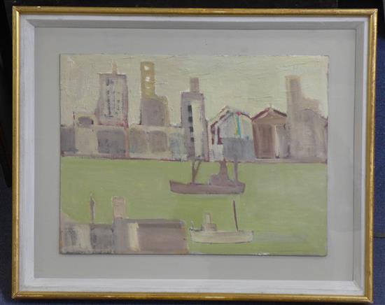 § Patrick Hayman (1915-1988) Ship, River & Tall Buildings, 1962, 12 x 16in.
